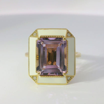 0.03CT Diamond and 4CT Emerald Cut Purple Amethyst Ring 14K Yellow Gold