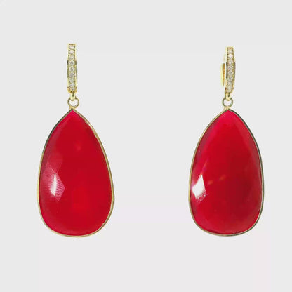 0.15CT Diamond with Red Calcedony 14k Yellow Gold Earring