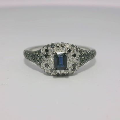 0.10Ct Diamond & 0.83CT Black & Blue Sapphire Ring 14k White Gold