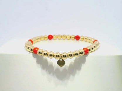 Plain Beaded with Corallo 14k Yellow Gold Bangle