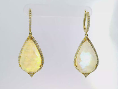1.10CT Diamond with Faceted Rain Moon 14k Yellow Gold Earring