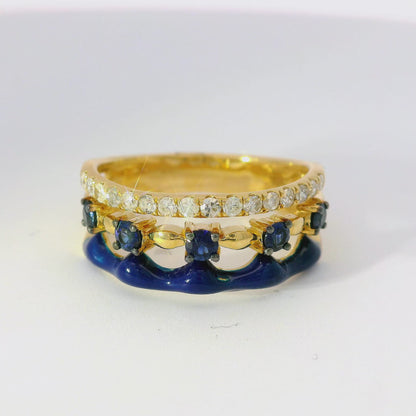 0.24CT Diamond and 0.34CT Blue Sapphire with Blue Enamel Ring 14K Yellow Gold