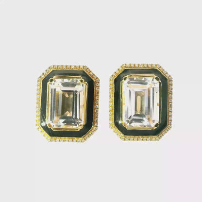 0.22CT Diamond with Black Enamel with White Topaz 14k Yellow Gold Earring