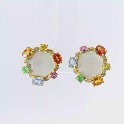 0.08CT Diamond 3.39CT Multi Sapphire 14k Yellow Gold Earring