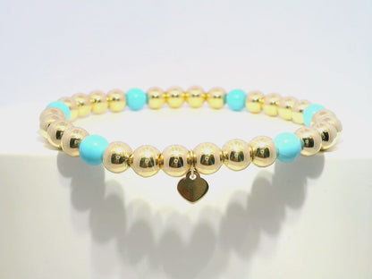 Plain Beaded with Turchese 14k Yellow Gold Bangle Thicker