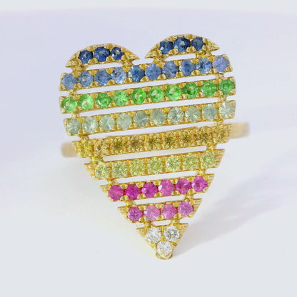 0.66CT Multi Sapphire Heart Shaped Ring 14K Yellow Gold