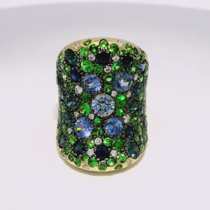 0.52CT Diamond and 8.44CT Mixed Sapphire Gemstone Ring 14K Yellow Gold