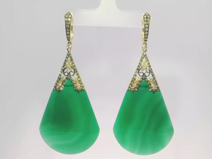 0.80CT Diamond with Green Agate Earrings 14k Yellow Gold