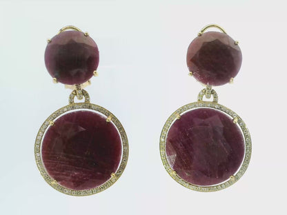 0.58CT Diamond with Ruby  14k Yellow Gold Earring