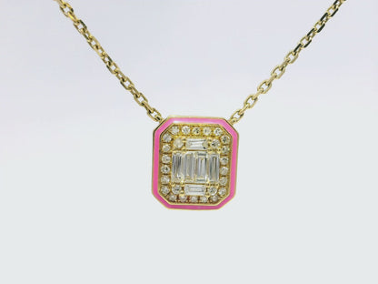 0.29CT Diamond Pendant with Pink Enamel 14k Yellow Gold