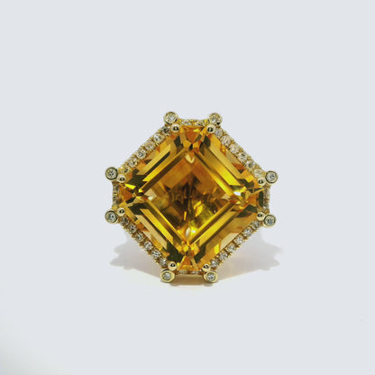 0.38CT Diamond 12.97CT Citrine Ring 14k Yellow Gold