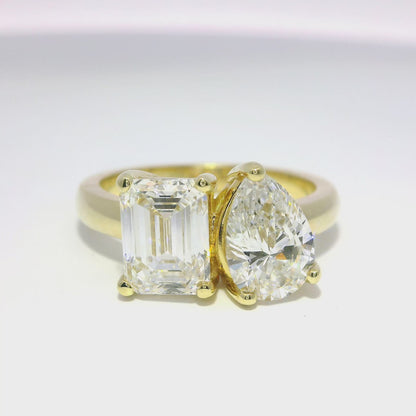 1.87CT Emerald Shape 1.38CT Pear Shape Lab Diamond Ring 14k Yellow Gold