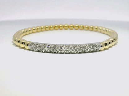 0.64CT Diamond ID Plain Beads Stretch Bangle 14k Yellow Gold