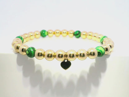 Plain Beaded with Malachite 14k Yellow Gold Bangle