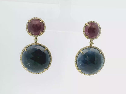 0.80CT Diamond with Ruby & Blue Sapphire 14k Yellow Gold Earring