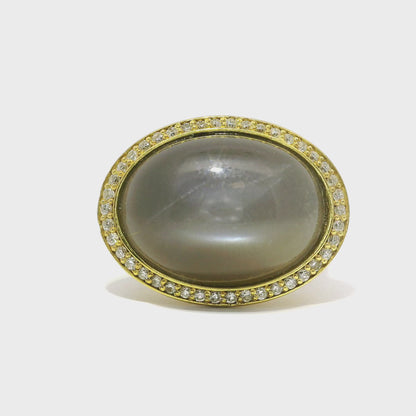 0.44CT Diamond Grey Moon Quartz Ring 14k Yellow Gold