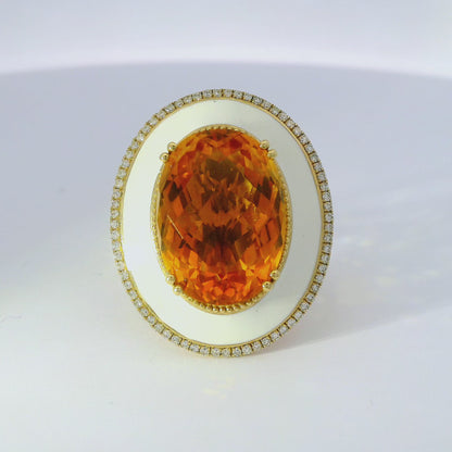 0.29CT Diamond and 12.80CT Gold Citrine with White Enamel Ring 14K Yellow Gold