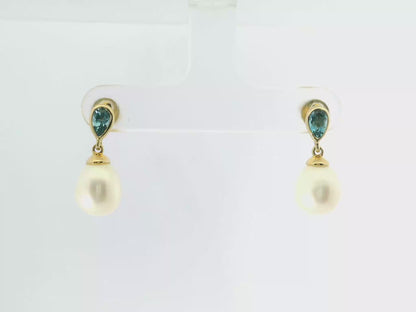 0.55CT Blue Topaz  14k Yellow Gold Pearl Earring