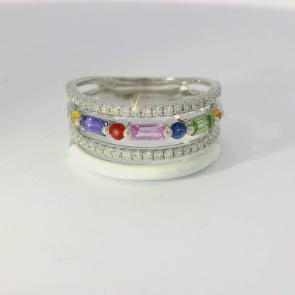 0.26CT Diamond and 0.64CT Multi Sapphire Gemstone Ring 14K White Gold