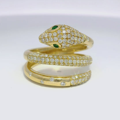 0.90 Diamond and 0.04CT Emerald Serpent Ring 14K Yellow Gold