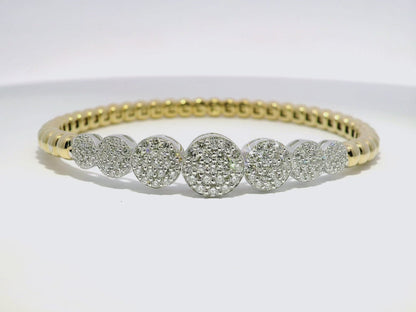1.59CT Graduated Diamond disk Plain Beads Stretch Bangle 14k Yellow Gold