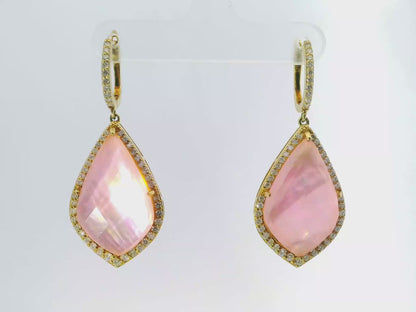 1.30CT Diamond with Faceted Pink Quartz MOP 14k Yellow Gold Earring