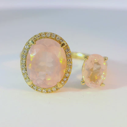 0.09CT Diamond and 3.40CT Rose Quartz Ring 14K Yellow Gold