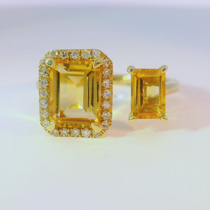 0.12CT Diamond and 1.99CT Emerald Cut Yellow Quartz Ring 14K Yellow Gold