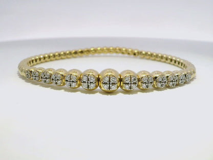 0.69CT Diamond 4 Stone Cluster ID Plain Beads Stretch Bangle 14k Yellow Gold