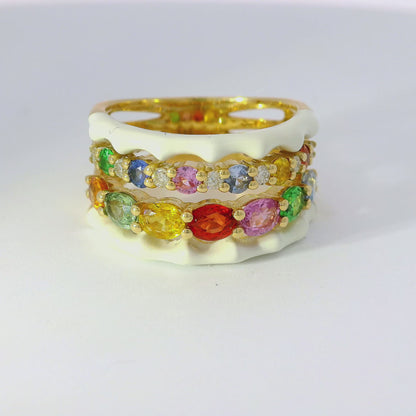 0.13CT Diamond and 0.25CT Multi Sapphire with White Enamel 14K Yellow Gold