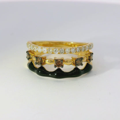 0.29CT White and Brown Diamonds with Black Enamel Ring 14K Yellow Gold