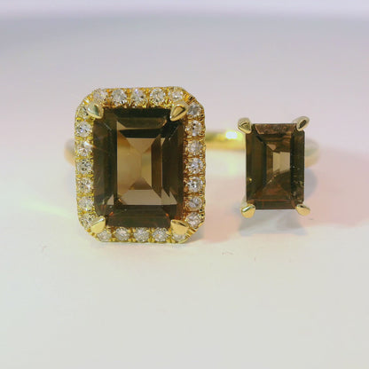 0.12CT Diamond and 2.16CT Emerald Cut Smokey Quartz Ring 14K Yellow Gold