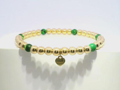 Plain Beaded with Malachite 14k Yellow Gold Bangle