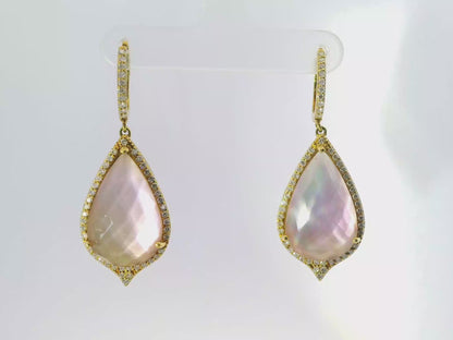 0.96CT Diamond with Faceted Rose de France Pink Stone 14k Yellow Gold Earring