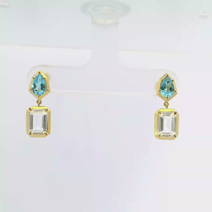 0.98CT Blue Topaz 1.86CT White topaz 14k Yellow Gold Earring