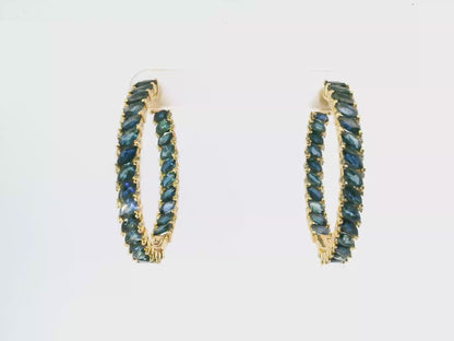 0.36CT Diamond 10.31CT Blue Sapphire HOOP 14k Yellow Gold  Earring