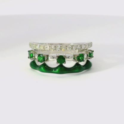 0.24CT Diamond and 0.44CT Green Garnet with Green Enamel Ring 14K White Gold