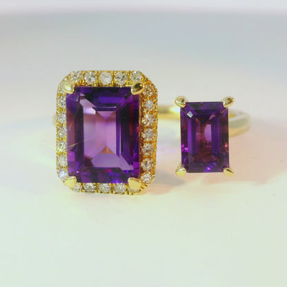 0.12CT Diamond and 2.34CT Emerald Cut Purple Amethyst Ring 14K Yellow Gold