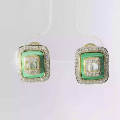 0.45CT Diamond with Green Malachite  14k Yellow Gold Earring