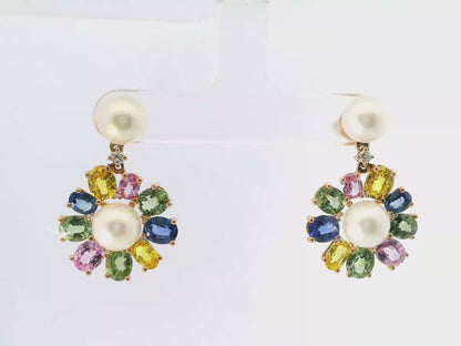 0.09CT Diamond 7.45CT Multi Sapphire 14k Rose Gold Pearl Earring