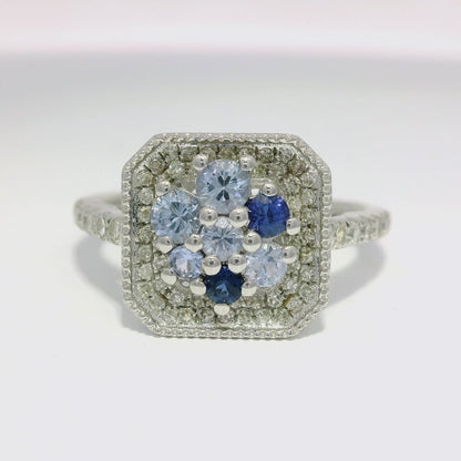 0.33CT Diamond and 0.66CT Multi Blue Sapphire Ring 14K White Gold