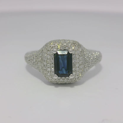 0.75CT Diamond & 0.85CT Emerald Cut Blue Sapphire Centre Stone Ring 14k Yellow Gold