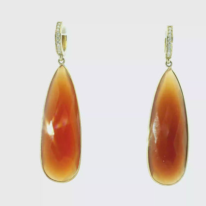 0.15CT Diamond with Orange Calcedony 14k Yellow Gold Earring