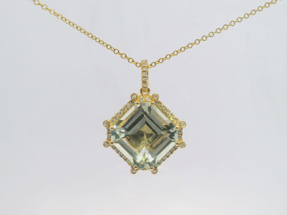 0.32CT Diamond 12.38CT Green Amethyst Pendant 14k Yellow Gold