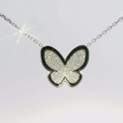 0.25CT Diamond With Black Enamel Butterfly Pendant 14k White Gold