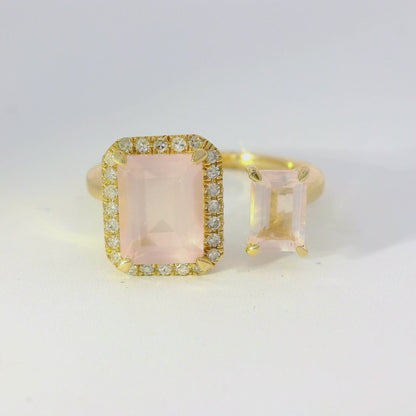 0.12CT Diamond and 2.15CT Rose Quartz Ring 14K Yellow Gold