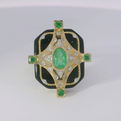 0.10CT Diamond and 0.16CT Ruby with Black Agate Ring 14K Yellow Gold