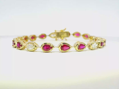 0.92CT Pear Shape Lab Diamond 3.07CT Ruby 14K Yellow Gold Bracelet